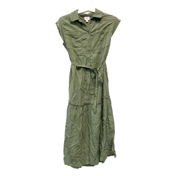 Isabel Maternity Green Short Sleeve Button-Front Belted Maternity Dress XS - Picture 2 of 6